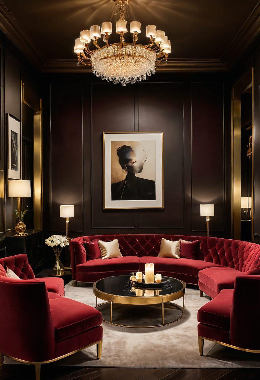 A sophisticated setting featuring a dimly lit lounge with plush velvet seating, candles casting warm light, and elegant adult entertainment visuals subtly incorporated in the background. The ambiance should evoke a sense of intimacy and refinement, suggesting the blend of sensuality and maturity. Delicate silk fabrics, subtle shades of deep red, and gold accents bring a luxurious feel. Focus on the art of conversation and connection among diverse mature individuals. super-realistic. warm colors. soft lighting.