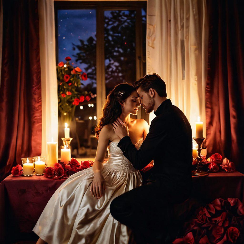 A tasteful, artistic representation of a couple in a cozy, dimly lit room, sharing an intimate moment with soft, warm lighting that highlights their expressions of affection and connection. Surround them with elements symbolizing sensuality, such as velvet curtains, scented candles, and delicate rose petals. Include abstract shapes in the background to add a sense of mystery and allure. soft focus. painting. vibrant colors.